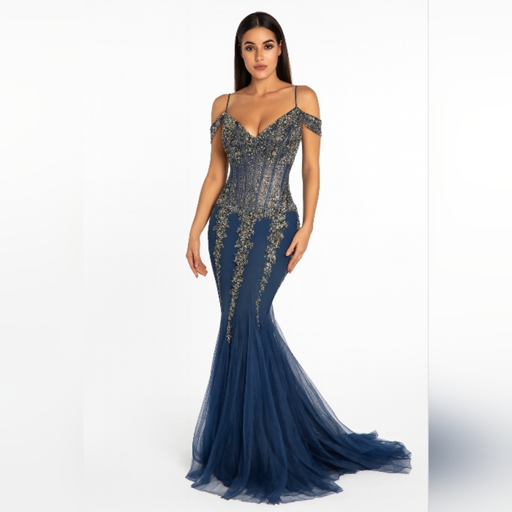 JOVANI Dress 6 Corset Trumpet Prom Pageant Formal Gown Beaded Blue Silver